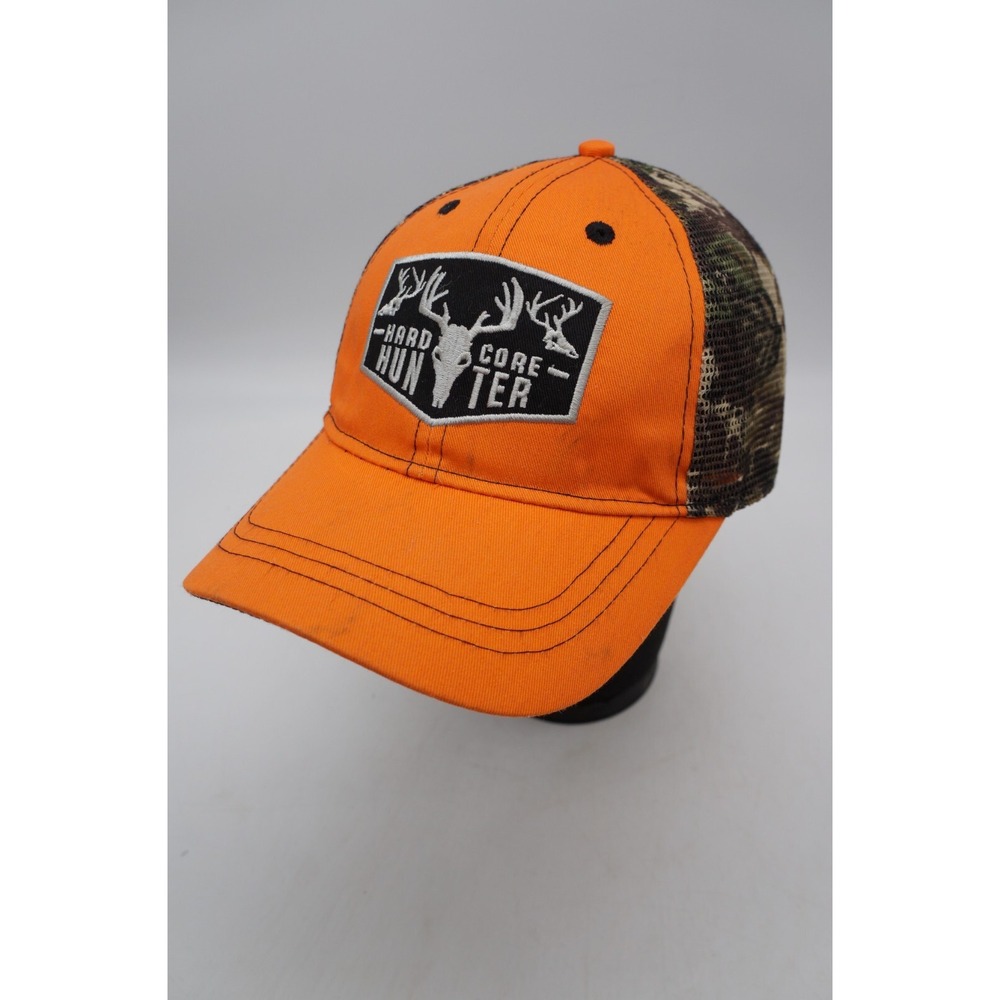 Hard Core Hunter Strapback Hat Baseball Cap Safety Blaze Orange Camo Buck Skull